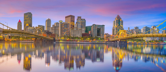 Fototapeta na wymiar Panorama of downtown Pittsburgh at twilight