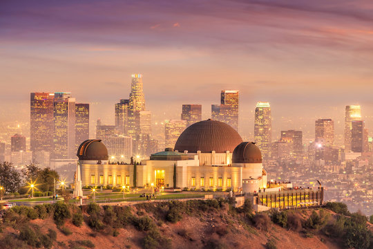 The Griffith Observatory and Los Angeles city skyline at twilight