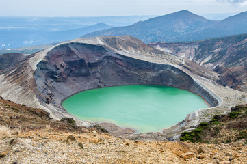 Panorama of Okama Crater in Zao, Honshu, Japan