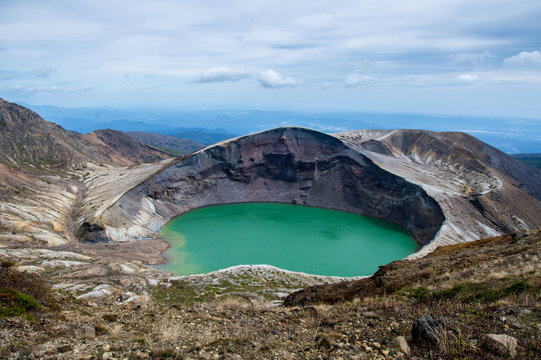 Panorama of Okama Crater in Zao, Honshu, Japan