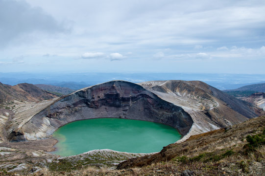 Panorama of Okama Crater in Zao, Honshu, Japan