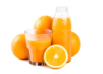 Orange juice. Isolated drink. A glass of orange juice and pieces of orange fruit isolated on white background. Citrus. Diet. Vitamins. Healthy food.