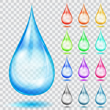 Set of transparent multicolored drops. Transparency only in vector format