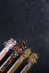 Salt pepper and spices mix in glass tubes on dark stone background with copy space