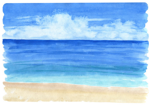 Watercolor seascape background. Sea views with sand beach .