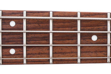 Metallic volume treble guitar bass knobs. Electric guitar. Red electric bass guitar close-up. Musical instrument. Music. Four strings. Grif.