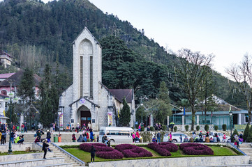 Main square with Notre Dame Cathedral in Sapa, Lao Cai Province, Vietnam