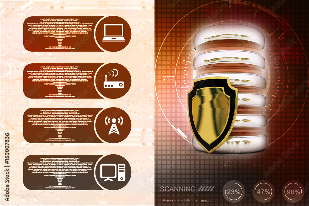 Poster 3d rendering database storage data base with protected shield