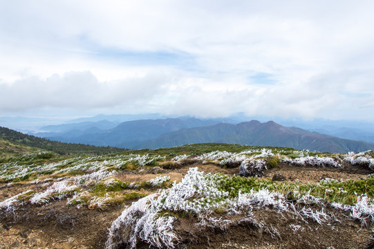 Frozen mountain range on a foggy day i, Japan, in Asia - Stock image