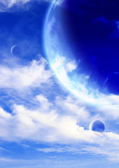 Naklejka na ściany i meble Fantastic sky with white clouds and three planets