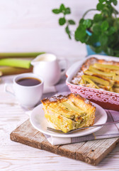 Traditional rhubarb pie with espresso coffee for breakfast.