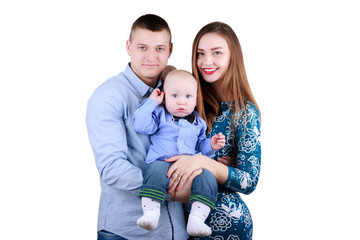 Happy family on White Background. Family for site. Cute baby.