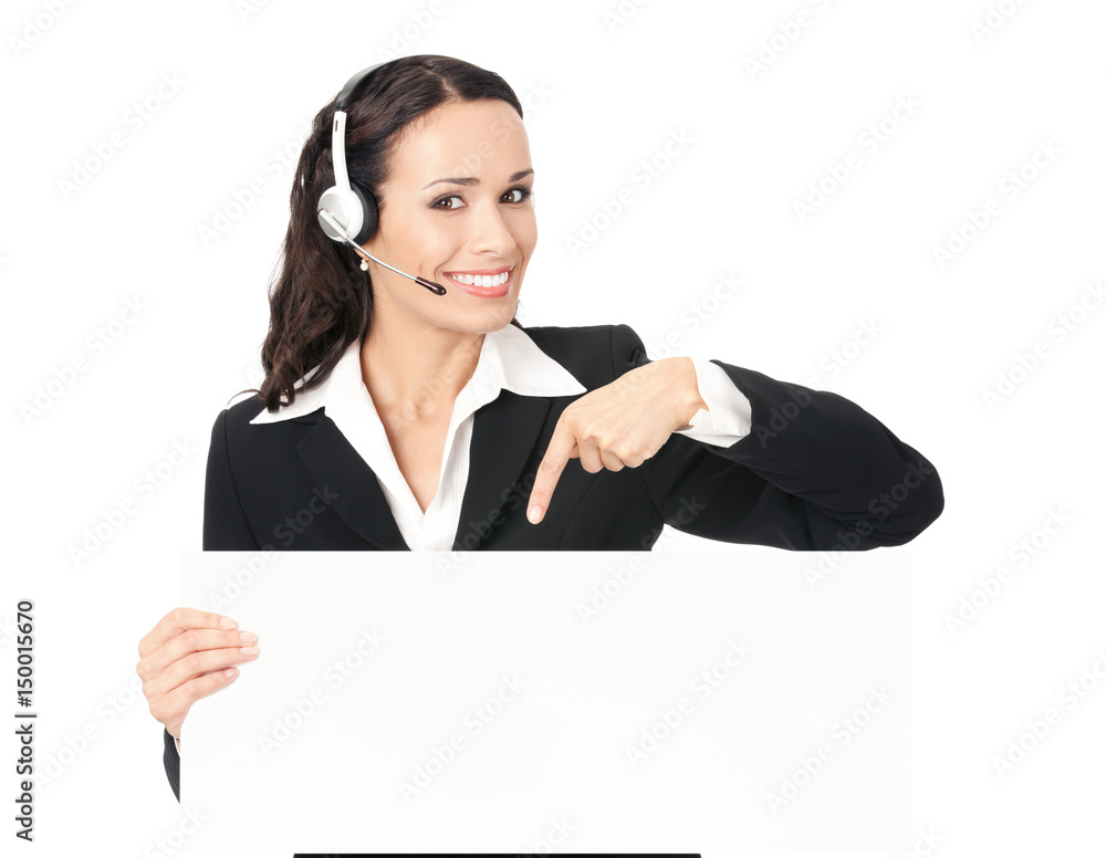 Sticker support phone operator with signboard, isolated