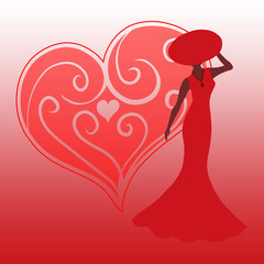 Silhouette of a charming lady in red against a patterned heart
