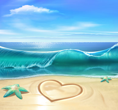 Illustration of a beautiful seaside with ocean waves and seashore covered in sand