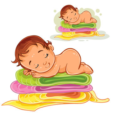 Vector illustration of a baby sleeping on a pile of bath towels. Print, template, design element