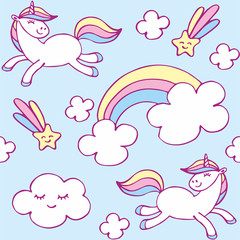 Fairy childhood seamless pattern with the image of cute unicorns. Colorful vector background