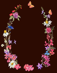 Watercolor summer wreath with wildflowers.