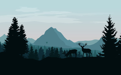 Landscape with blue mountains, forest and silhouettes of trees and wild deers - vector illustration