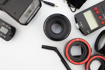 QUEENSTOWN, SOUTH AFRICA - 7 May 2016: Photographic equipment close up isolated on white background...