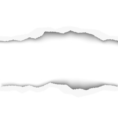 Snatched middle of white paper background with torn edges and space for text or ad. Template paper design.