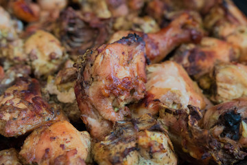 Fried chicken sliced on a large pork