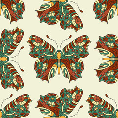Seamless vector hand drawn pattern with fantasy butterflies in modern style.