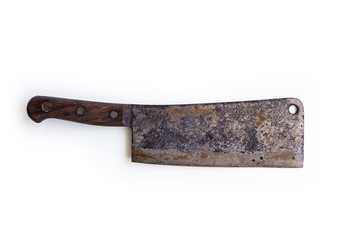vintage chop knife with a wooden handle isolated on a white background seen from above