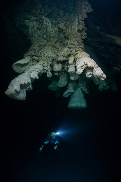 Scuba diver exploring unique natural formations known as "bells" in submerged caves beneath the jungle