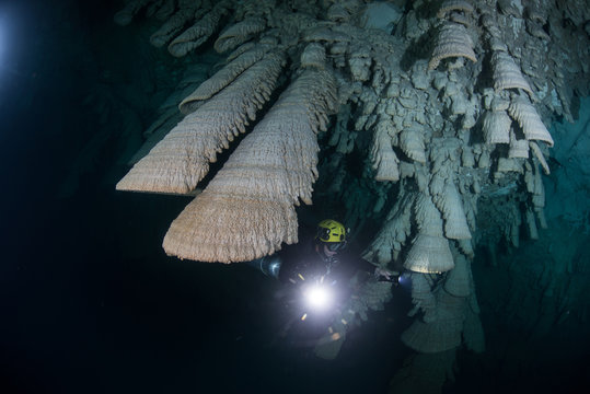 Scuba diver exploring unique natural formations known as "bells" in submerged caves beneath the jungle