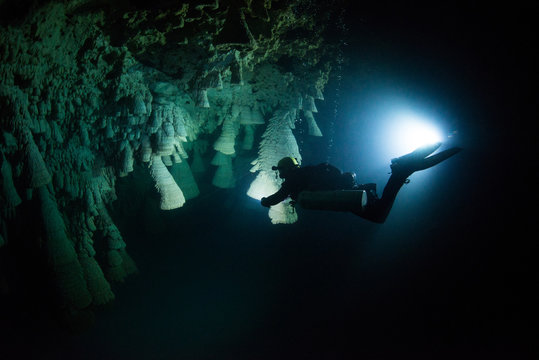 Scuba diver exploring unique natural formations known as "bells" in submerged caves beneath the jungle