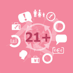 Text 21 plus. Social concept . Icons set. Flat pictogram. Sign and symbols for business, finance, shopping, communication, education