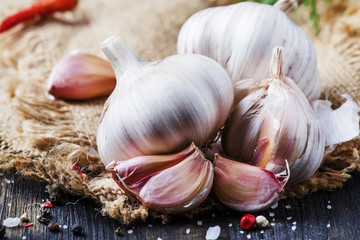 Fresh garlic, sea salt, pepper and spices, rustic style, selective focus