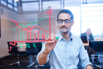 Businessman making presentation drawing graph on office window