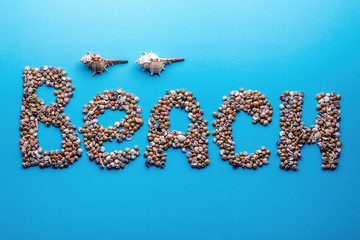 Inscription (word, sign) 'Beach' made of seashells on blue paper background.