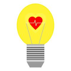 A glowing bright light bulb with a red heart inside. Heart with cardiogram in lightbulb. Vector graphic. Isolated illustration. Icon for concept electricity, idea, logo, card. Design in flat style. 