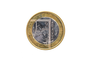 Used commemorative anniversary bimetal 3 euro Slovenia coin 2014.
