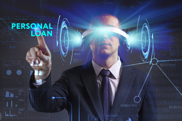 Business, Technology, Internet and network concept. Young businessman working in virtual reality glasses sees the inscription: Personal loan