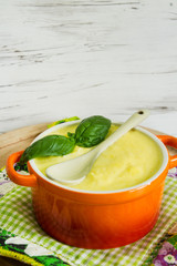 Cream-soup of carrots and cauliflower. Baby food. Selective focus. Top view.