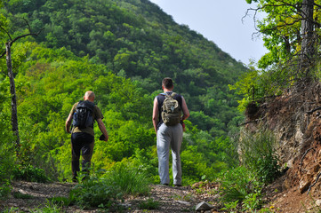 Hikers walk through the forest. Mountaineers walking on the rural  road in mountain