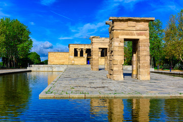 The Temple of Debod (Templo de Debod) is an ancient Egyptian temple in Madrid, Spain. The temple was rebuilt in one of Madrid parks, the Parque del Oeste, near the Royal Palace of Madrid