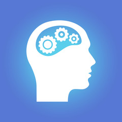 Thinking icon.  Silhouette of gear in head. Flat design style.