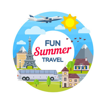 Traveling in time of vacation by plane and bus. Travel to France. Summer travel. Round banner in flat style. The summer holiday. Vector illustration