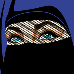 Beautiful Muslim woman in traditional designer niqab clothers with bright make-up and open eyes of green color. Vector Illustration