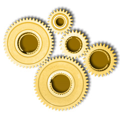 Set of a golden cogwheel gears isolated against the white background