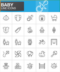 Baby line icons set, outline vector symbol collection, linear style pictogram pack. Signs, logo illustration. Set includes icons as baby face, pacifier, nappy, crib, family, father, mother, bicycle