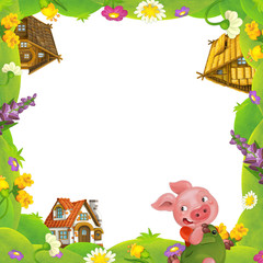 cartoon nature floral frame little pig on the meadow and little farm house in the background with space for text