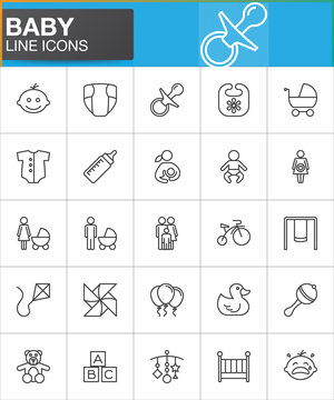 Baby line icons set, outline vector symbol collection, linear style pictogram pack. Signs, logo illustration. Set includes icons as baby face, pacifier, nappy, crib, family, father, mother, bicycle