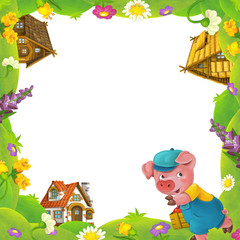 cartoon nature floral frame little pig on the meadow and little farm house in the background with space for text