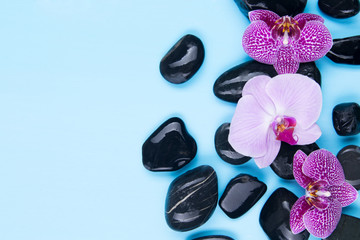 Set of black stones on a blue background with pink orchids